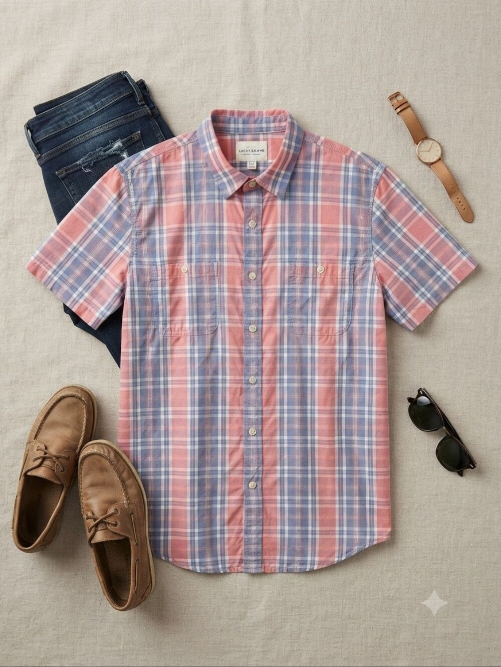 Lucky Brand Men's Red Blue Plaid Button Up Short Sleeve Shirt